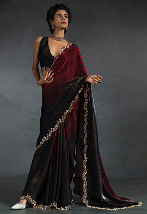 Ombre Tissue Scalloped Saree in Maroon and Black
