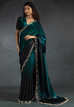 Ombre Tissue Scalloped Saree in Teal Blue and Black