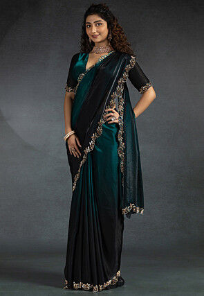 Ombre Tissue Scalloped Saree in Teal Blue and Black
