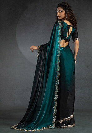 Ombre Tissue Scalloped Saree in Teal Blue and Black