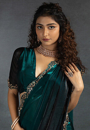 Ombre Tissue Scalloped Saree in Teal Blue and Black