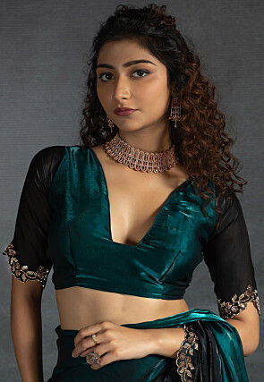 Ombre Tissue Scalloped Saree in Teal Blue and Black
