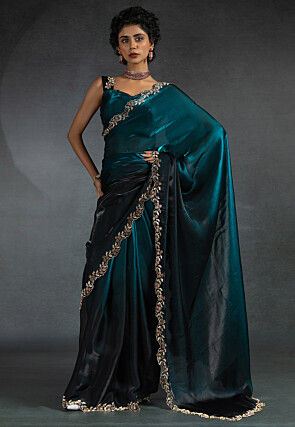 Ombre Tissue Scalloped Saree in Teal Blue