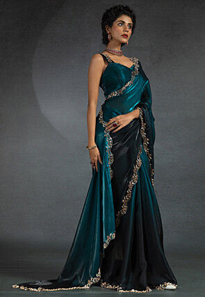 Ombre Tissue Scalloped Saree in Teal Blue