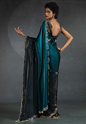 Ombre Tissue Scalloped Saree in Teal Blue