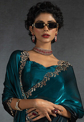 Ombre Tissue Scalloped Saree in Teal Blue