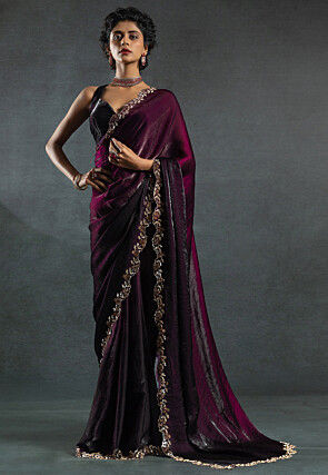 Ombre Tissue Scalloped Saree in Wine