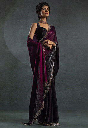 Ombre Tissue Scalloped Saree in Wine