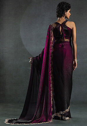 Ombre Tissue Scalloped Saree in Wine