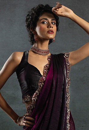 Ombre Tissue Scalloped Saree in Wine
