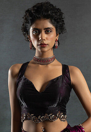 Ombre Tissue Scalloped Saree in Wine