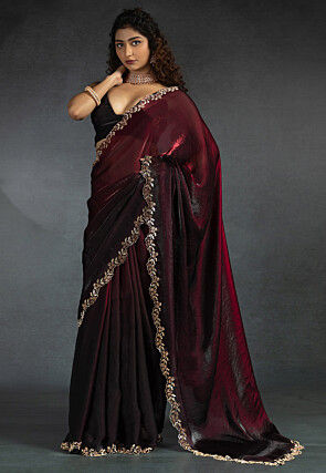 Ombre Tissue Scalloped Saree in Wine