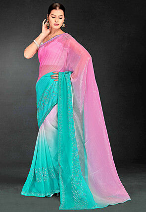 Ombre Tissue Silk Saree in Pink and Turquoise