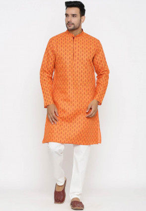 Ornamental Printed Cotton Flex Kurta Set in Orange