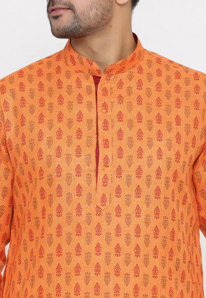 Ornamental Printed Cotton Flex Kurta Set in Orange