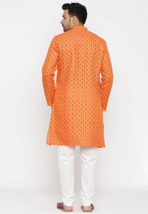 Ornamental Printed Cotton Flex Kurta Set in Orange