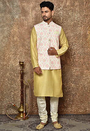 Ornamental Printed Cotton Linen Nehru Jacket in White