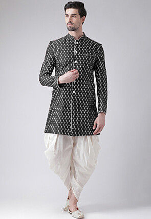 Ornamental Printed Dupion Silk Dhoti Sherwani in Black