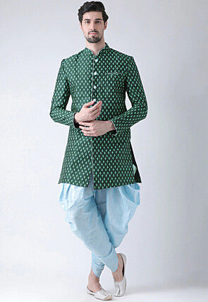 Ornamental Printed Dupion Silk Dhoti Sherwani in Dark Green
