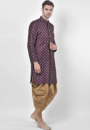 Ornamental Printed Dupion Silk Dhoti Sherwani in Dark Purple