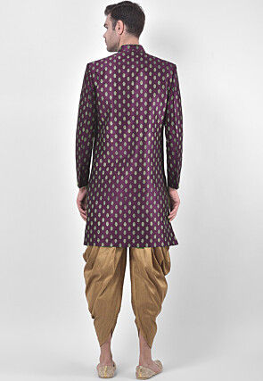 Ornamental Printed Dupion Silk Dhoti Sherwani in Dark Purple