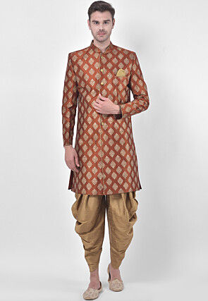 Ornamental Printed Dupion Silk Dhoti Sherwani in Dark Rust