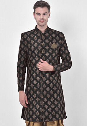 Ornamental Printed Dupion Silk Sherwani in Black