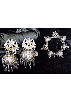 Oxidised Kundan Bracelet and Earring Combo