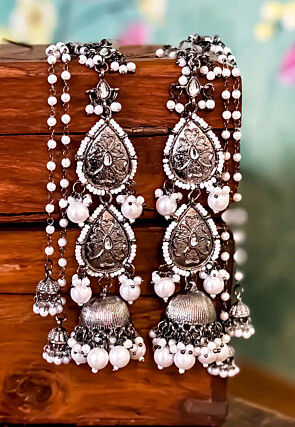 Oxidised Kundan Jhumka Style Earrings with Ear Chain