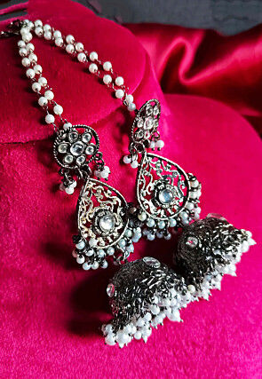 Oxidised Kundan Jhumka Style Earrings with Ear Chain