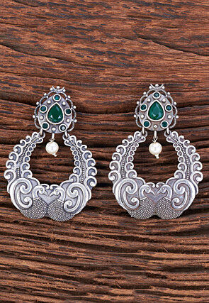 Oxidised Silver Look Alike Stone Studded Chandbali Earrings