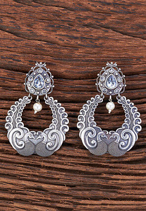 Oxidised Silver Look Alike Stone Studded Chandbali Earrings