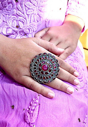 Oxidised Stone Studded Adjustable Ring