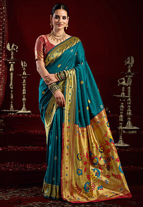 Paithani Art Silk Saree in Teal Blue