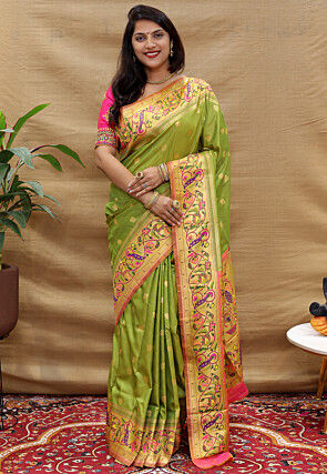 Buy SHAFNUFAB Woven Paithani Pure Silk Light Green Sarees Online @ Best  Price In India | Flipkart.com