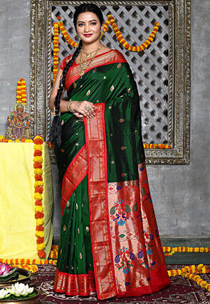 Paithani Pure Silk Saree in Dark Green