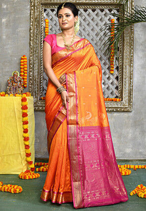 Kessi Aabhusan Designer Orange Wedding Wear Silk Saree - Dial N Fashion