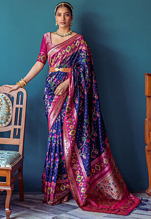 Navy Blue Saree In Paithani Silk Peacock Zari Woven, पठानी साड़ी - Shivam  E-Commerce, Surat | ID: 2850578982073