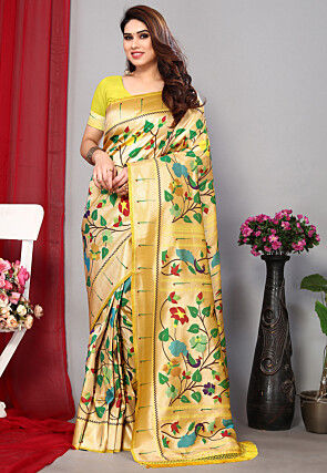 Shop Yellow Embroidered N Green Belt Saree Party Wear Online at