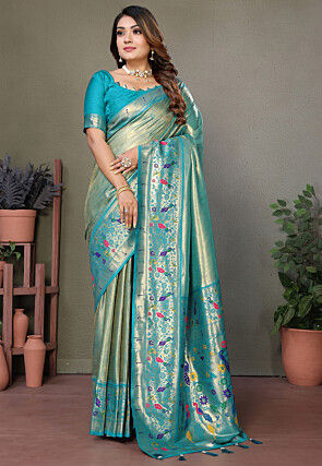 Paithani Silk Saree in Teal Blue  and Golden