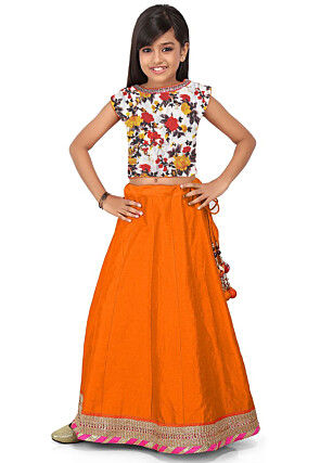Patch Border Art Dupion Silk Circular Lehenga in Orange