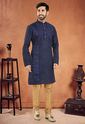 Patch Border Art Silk Kurta Set in Navy Blue