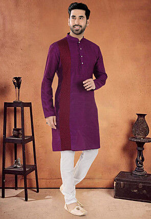 Patch Border Art Silk Kurta Set in Purple