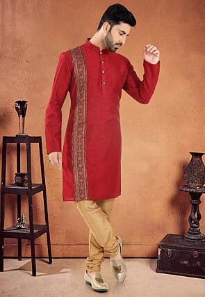 Patch Border Art Silk Kurta Set in Red