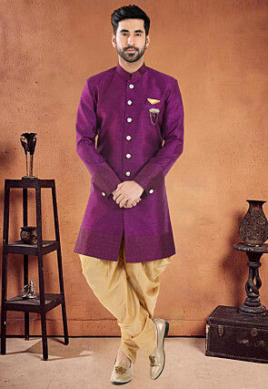 Patch Border Art Silk Sherwani in Purple