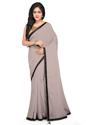 Patch Border Georgette Saree in Fawn