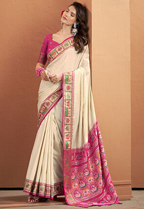 Patola Art Silk Saree in Cream