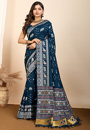 Patola Art Silk Saree in Dark Blue