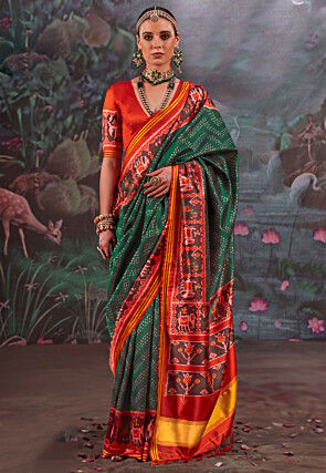 Patola Art Silk Saree in Dark Green