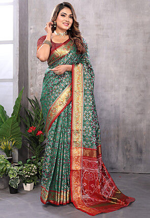 Patola Art Silk Saree in Dark Green